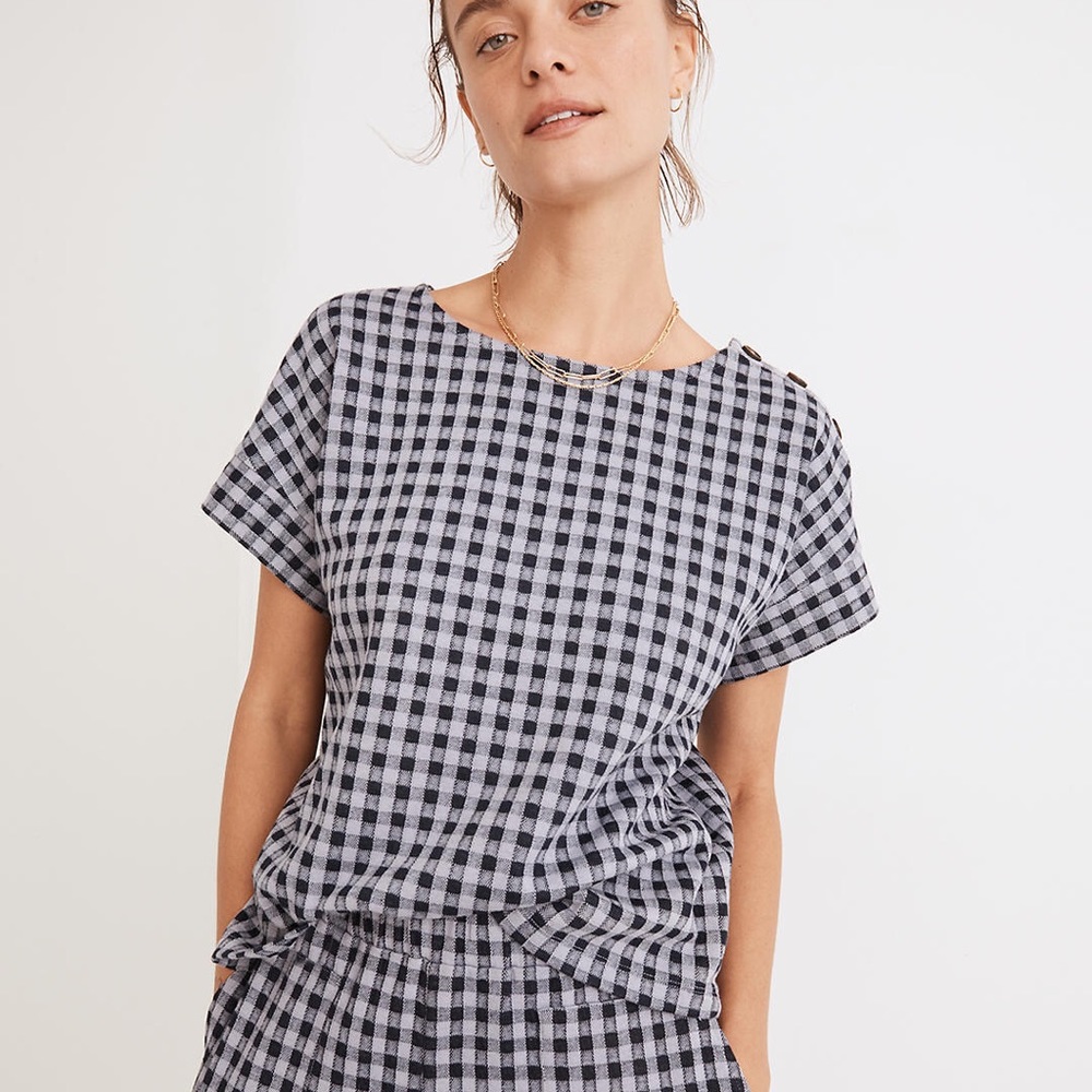 Madewell Gingham Knit Seersucker Button-Shoulder Top